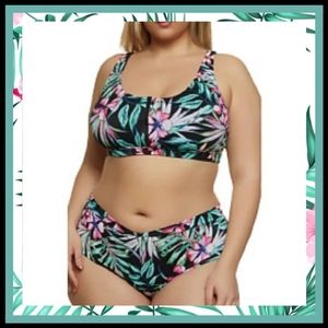 SEXY ☆ BLACK TROPICAL PRINT ☆ ZIP FRONT ☆ CAGED RIBBED BIKINI ☆ NWT